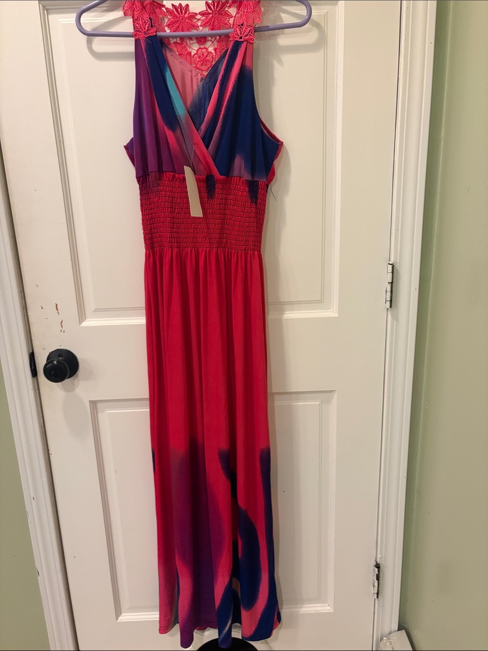 Vibrant Pink and Blue Sleeveless Maxi Dress with Lace Yoke